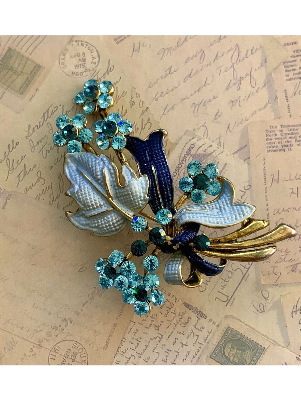 Vintage Blue Enamel Flower Bouquet Rhinestone Bow Brooch